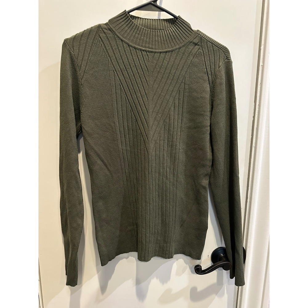 INC International Concepts Olive Green Ribbed Mock Neck Chevron Sweater Womens M